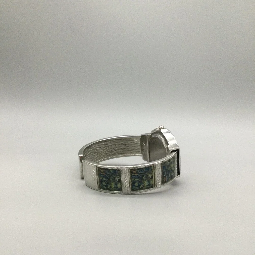 Studio Womens Watch 32mm Crystal Bezel Open Cuff Silver Tone Inlay New Battery
